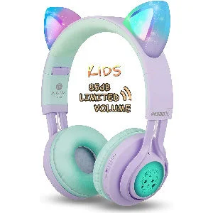auriculares infantiles con control de volumen, luz led, y orejitas
